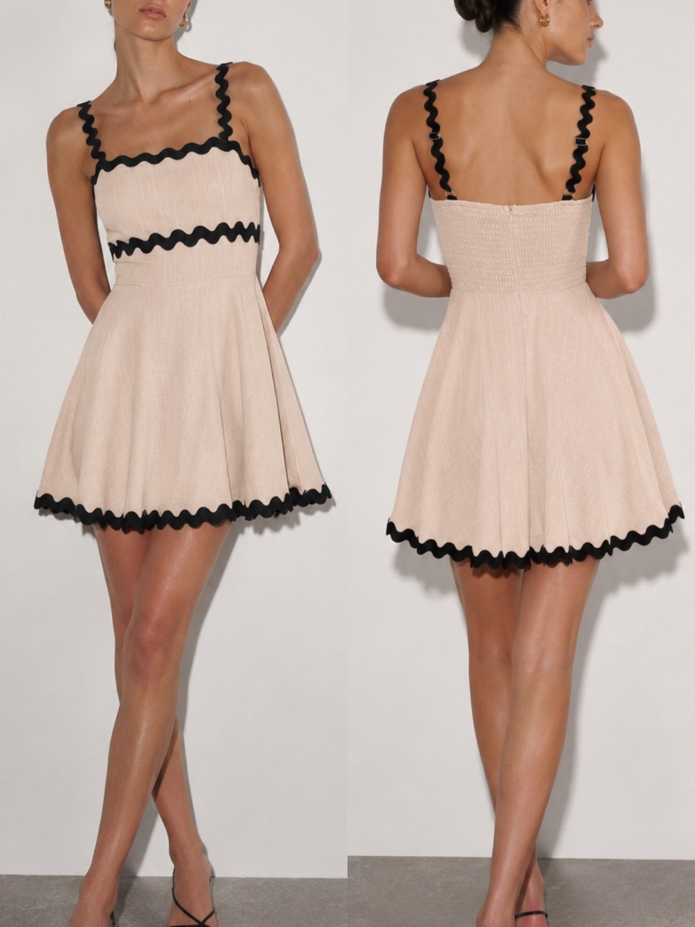 Beige Mini Dress with Black Rickrack Trim